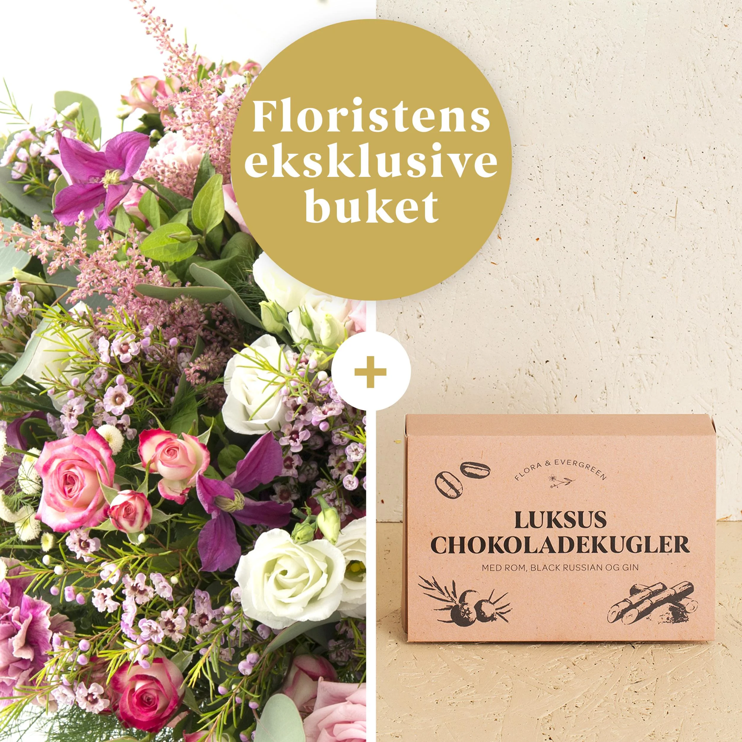 Floristens eksklusive buket med Flora og Evergreen Luksus chokoladekugler